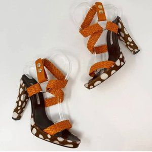 Brian Atwood Pony Hair Brown Spotted Orange Braided Leather Sandal 10 1/2 New